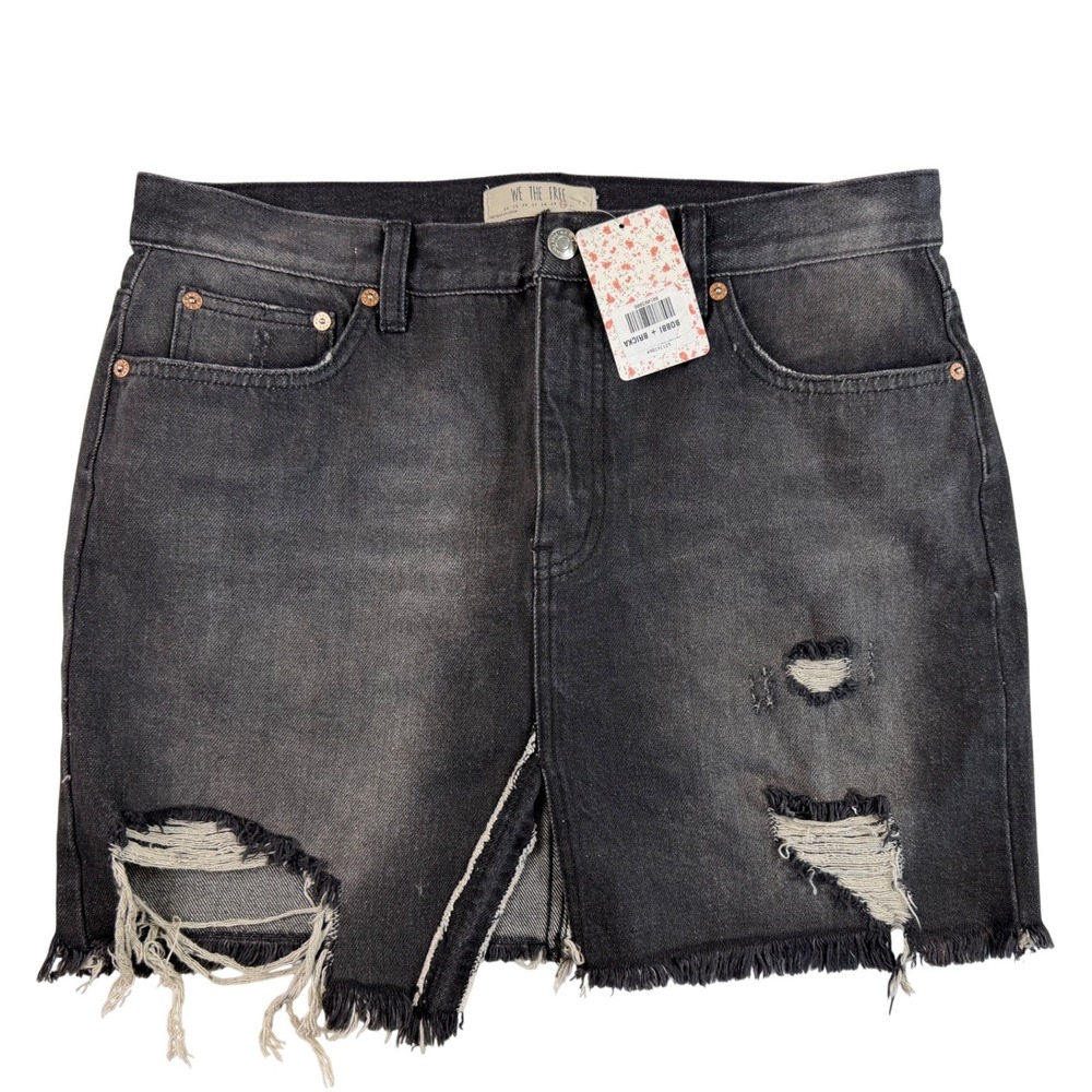Free People We The Free Bobbi Bricka Distressed Denim Mini Skirt Black Size 30